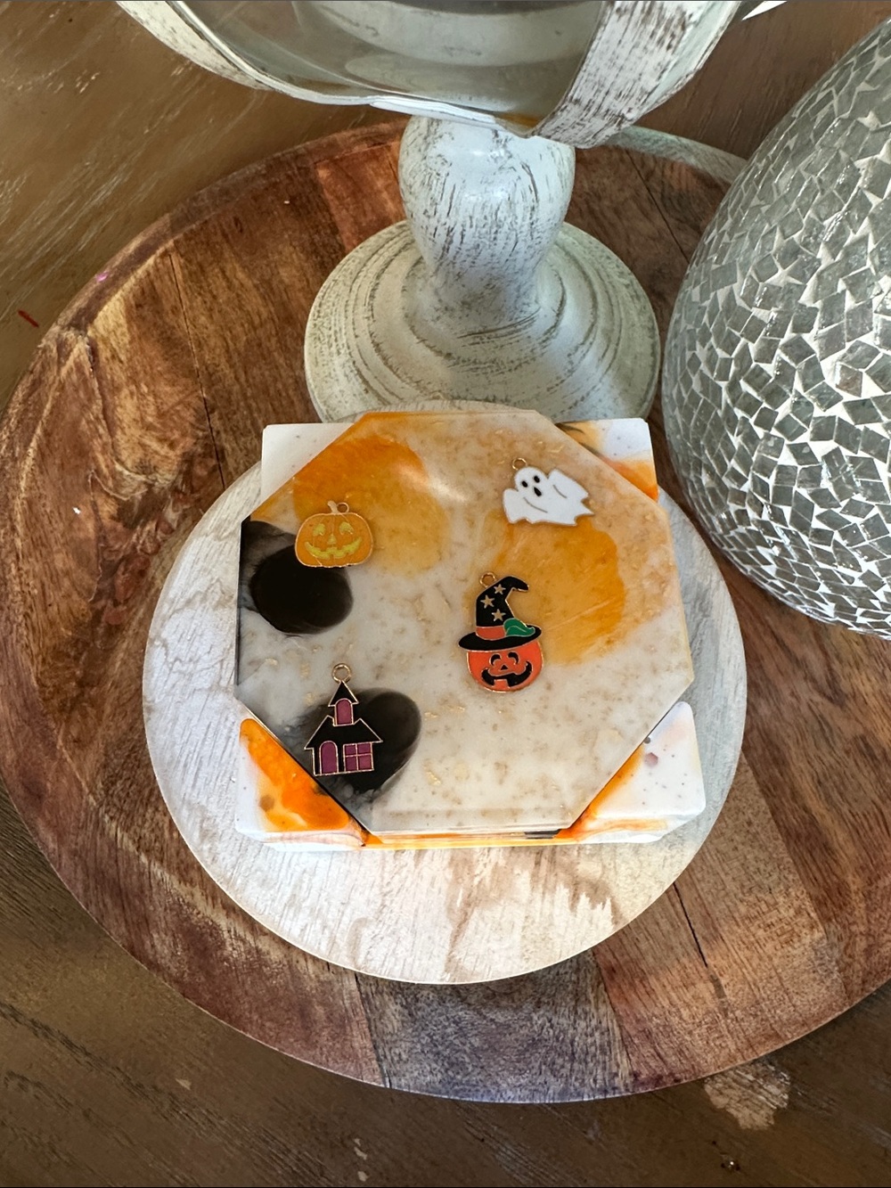 🎃Marbled 🎃Resin Coaster Set in Orange, Black & White - Picture 3 of 10